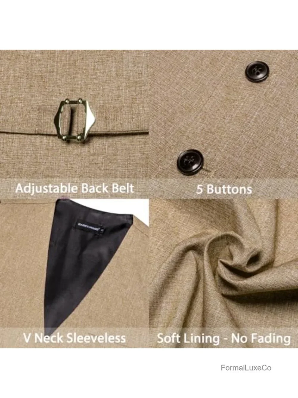 Men's Linen V-Neck Suit Vest & Tie Set with Handkerchief, Cufflinks, Tie Clip
